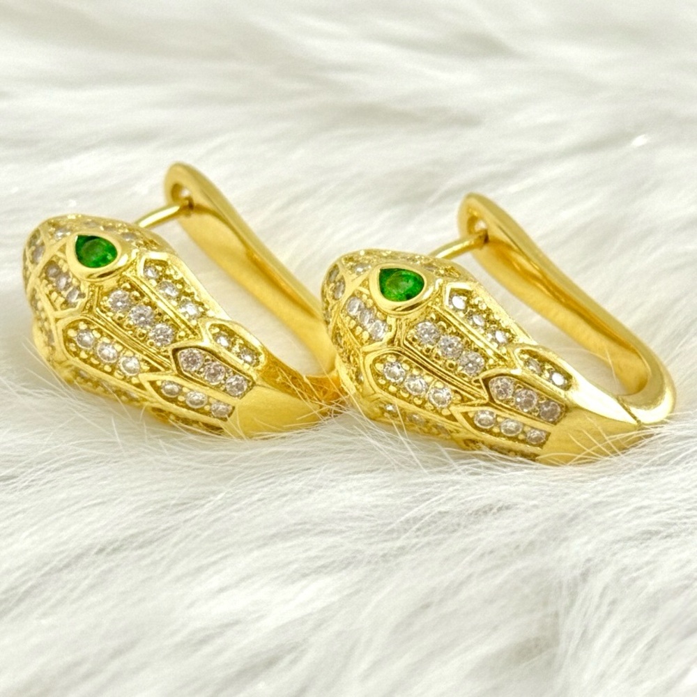 14K Gold Plated Serpent Snake Earrings Emerald Green CZ Pave - Picture 4 of 5